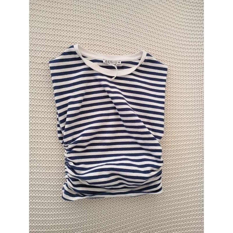 Zara Navy Blue White Striped Ruched Side T-Shirt Short Sleeve Women's Size S