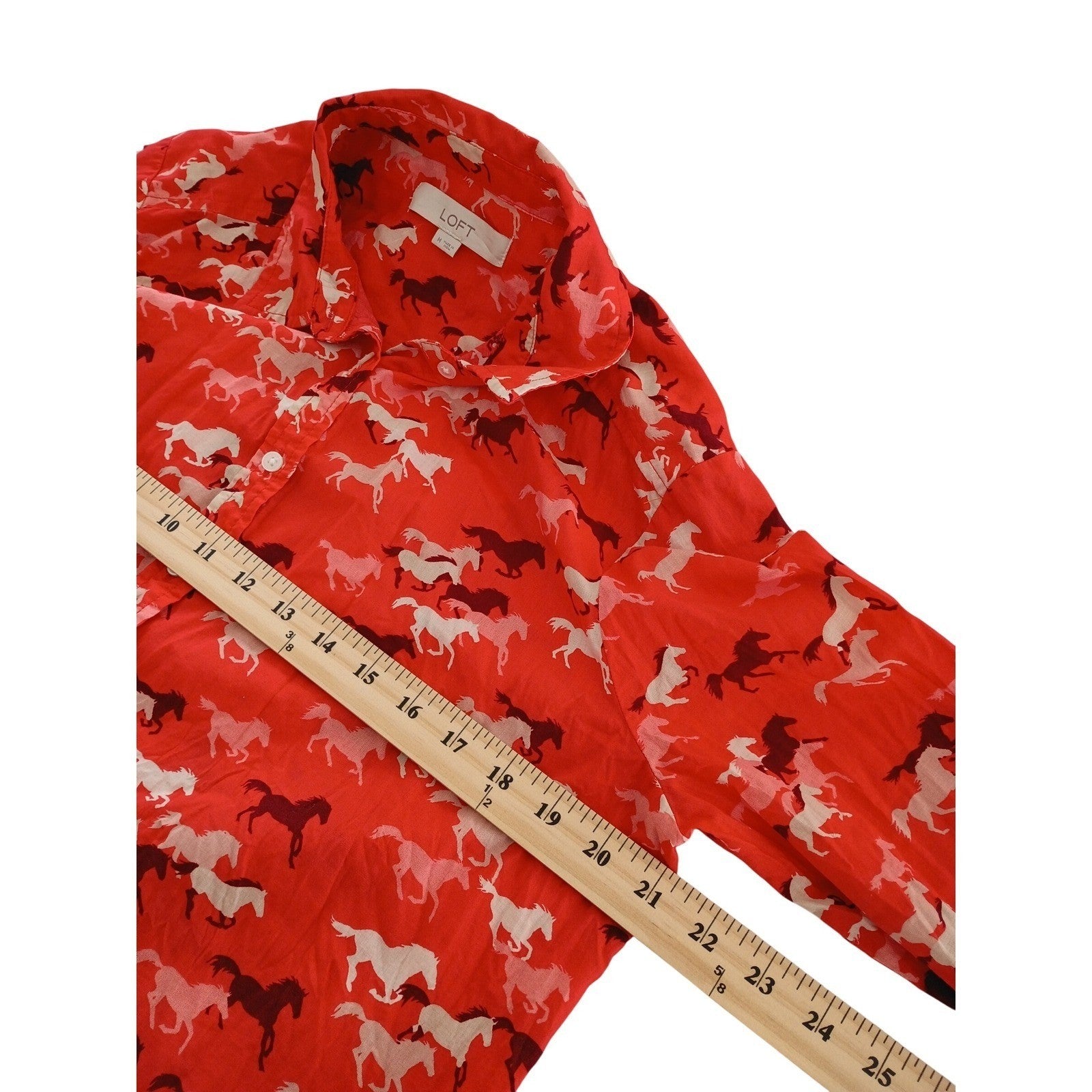 LOFT Red Horse Print 100% Cotton  Button Down Shirt Size M Long Sleeve