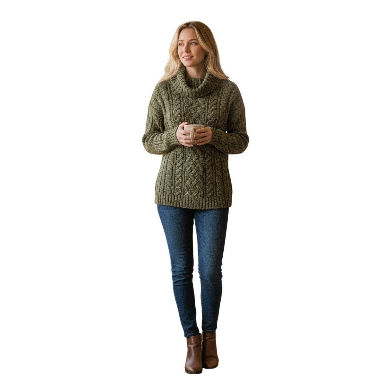 Old Navy Wool Angora Blend Cable Knit Cowl Neck Sweater Green Cozy M