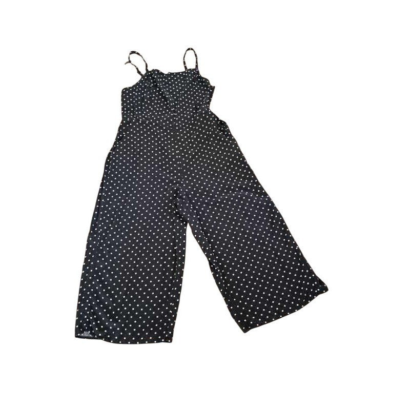 Classic Polka Dot Smocked Wide Leg Jumpsuit L Black White Sleeveless Retro Boho