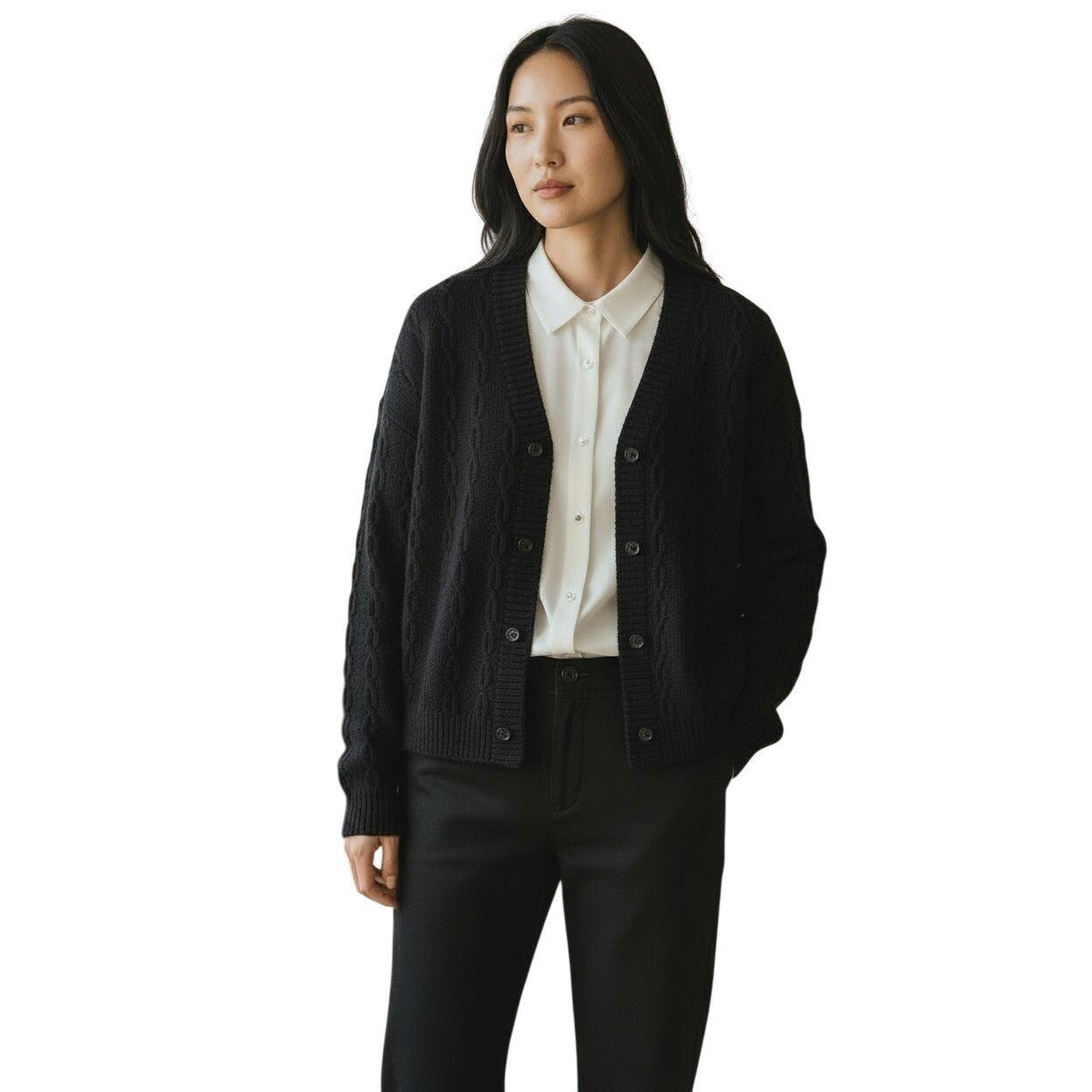 VISTA-Wool Blnd Black Cable Knit Btn Front V Neck Cardigan Sweater Alice Turtle