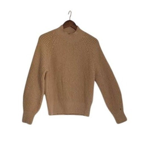 Tommy Hilfiger Elegant Camel Mock Neck Sweater 82% Lana Wool Ribbed Knit S Cozy