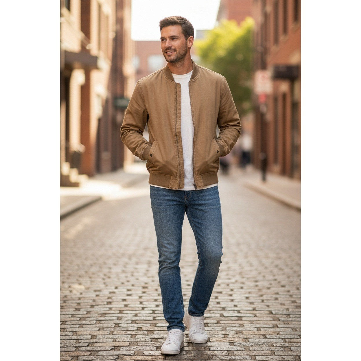 SLATE & STONE 98% Cotton Bomber Jacket Brown Full Zip Minimal Casual
