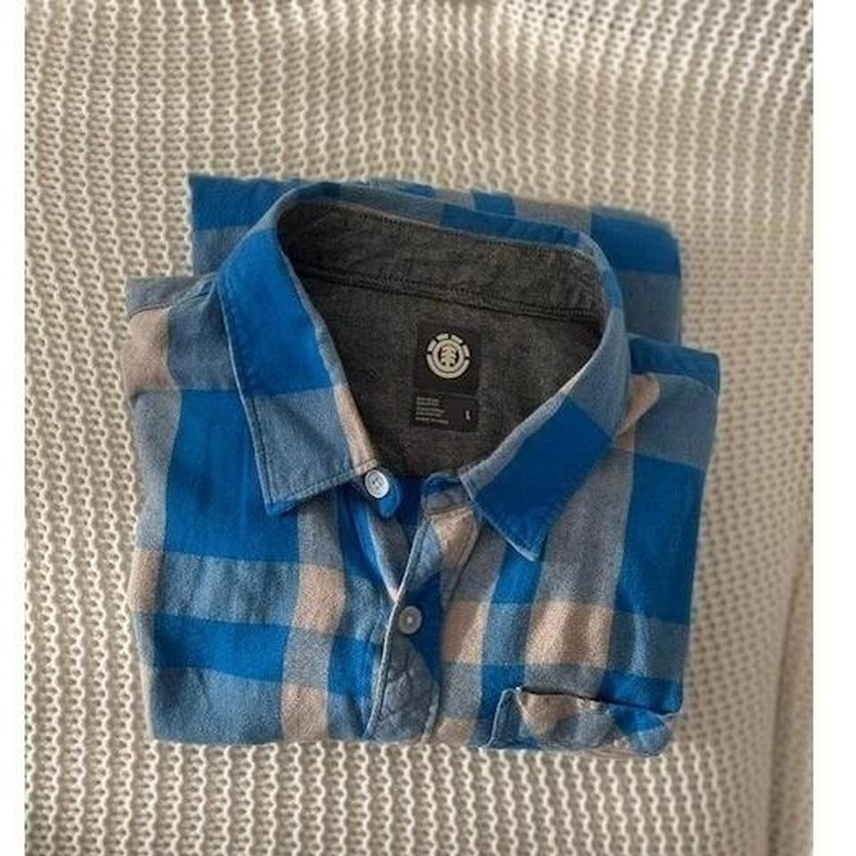 ELEMENT Skater Blue Tan Plaid Flannel Cotton Button Down Shirt Large Long Sleeve