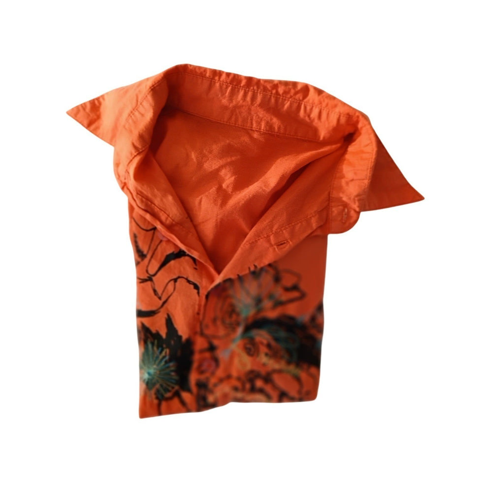 ARTISAN Orange Button-Front Shirt East Asian Inspired Floral Art Ink-Style S