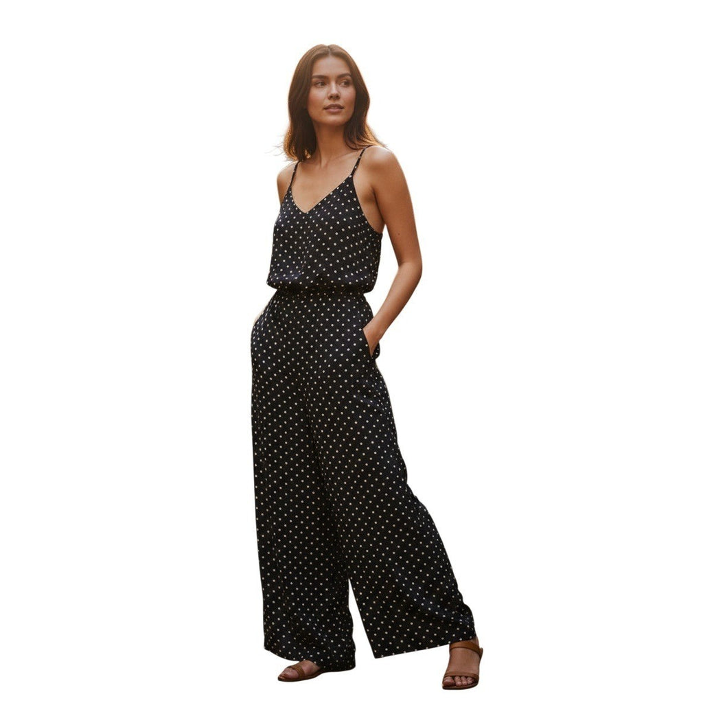 Classic Polka Dot Smocked Wide Leg Jumpsuit L Black White Sleeveless Retro Boho