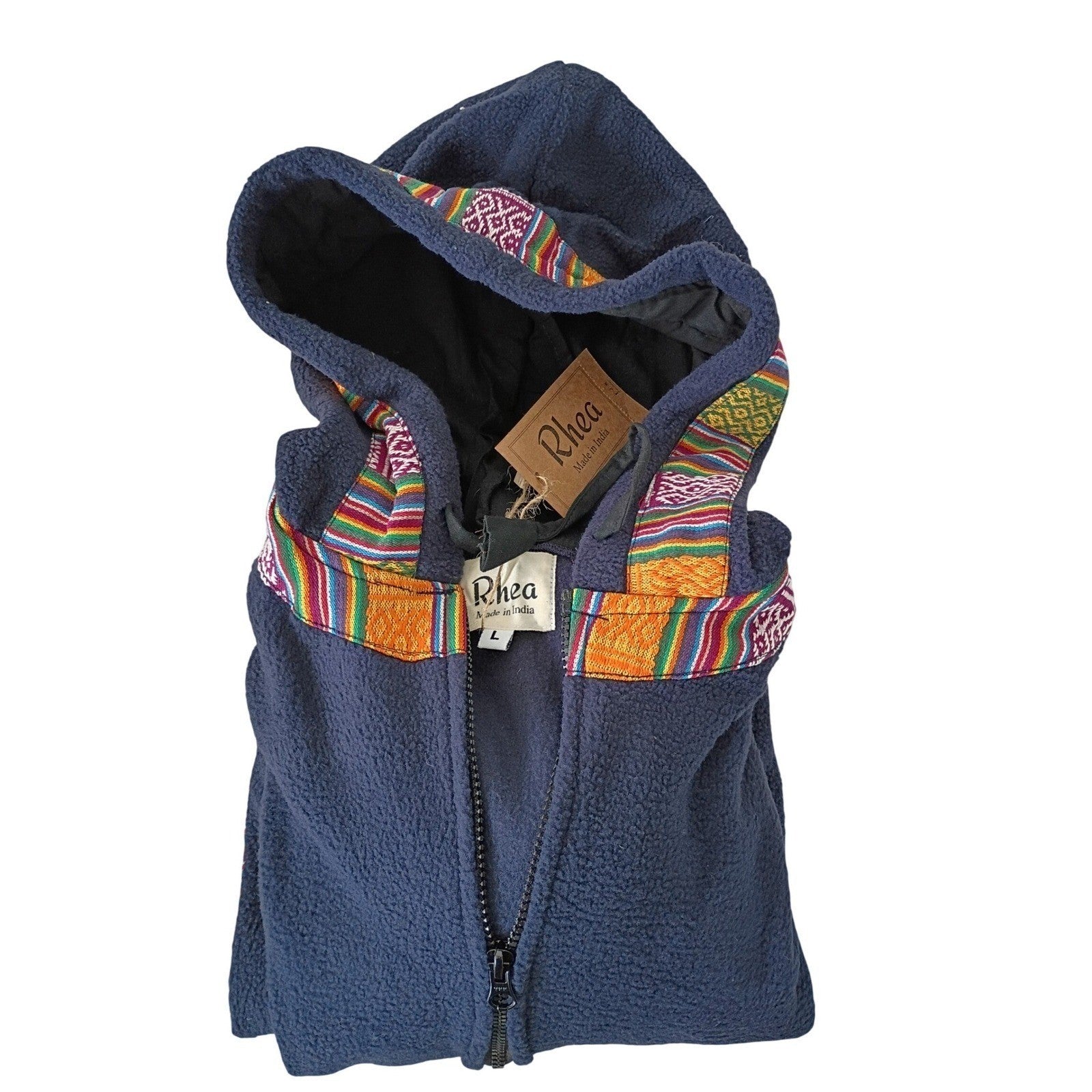 NWT Rhea Artisan Fleece Hoodie Jacket Navy Boho Trim Zip Up Women Unisex L NWT
