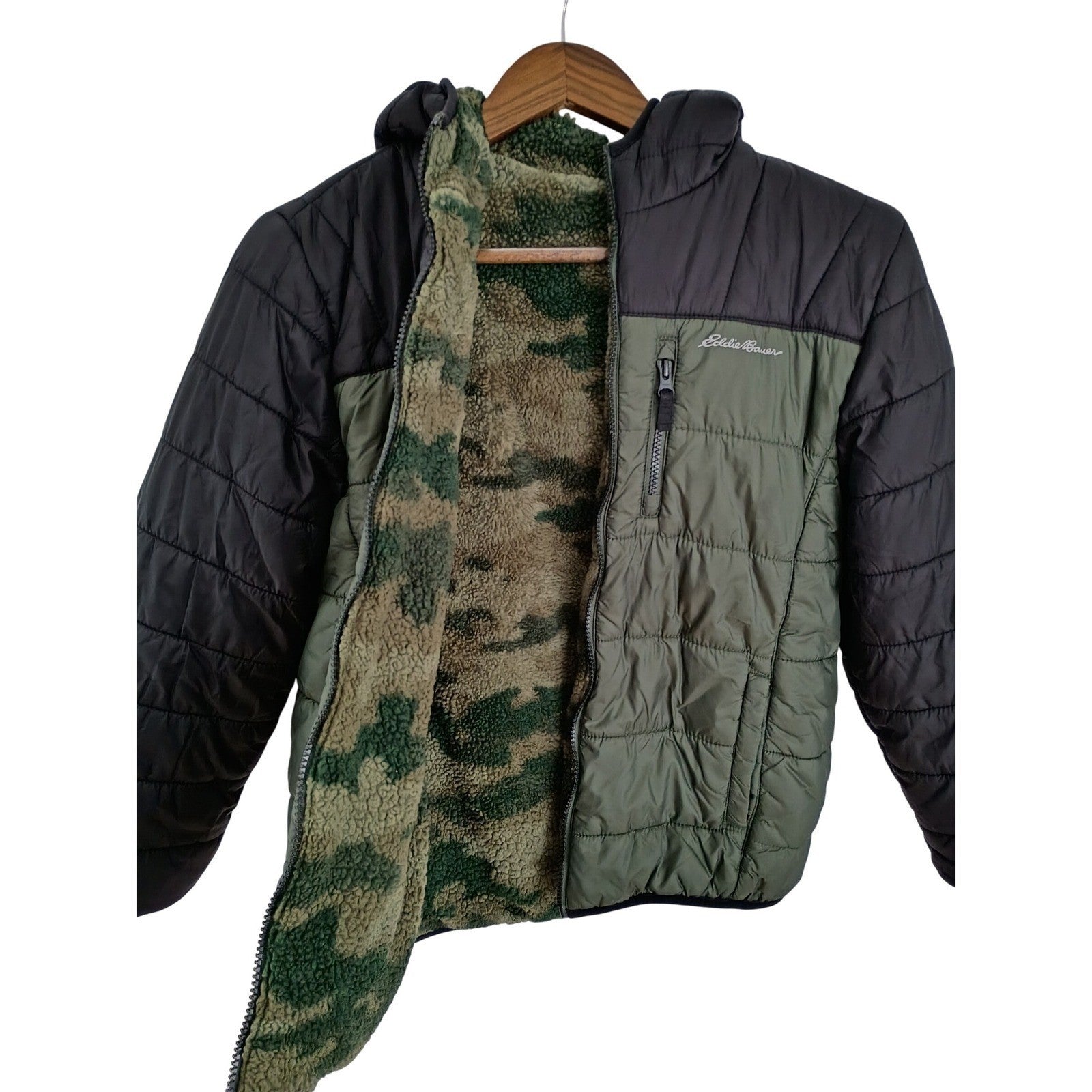 Eddie Bauer Reversible Camo Puffer Jacket Fleece Hooded Black Green Women's S