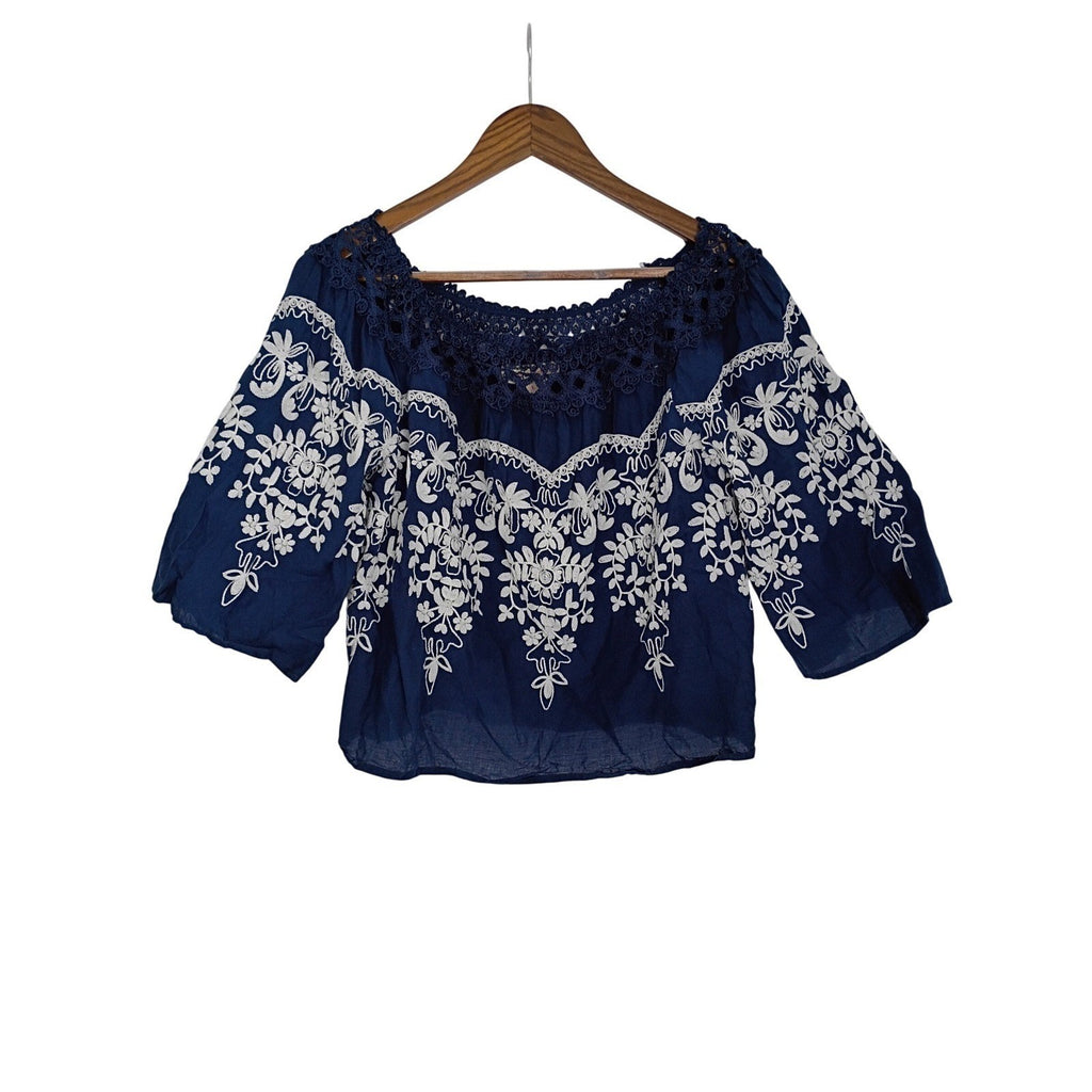 Flying Tomato Navy 100% Cotton Embroidered Crochet Off Shoulder Boho L