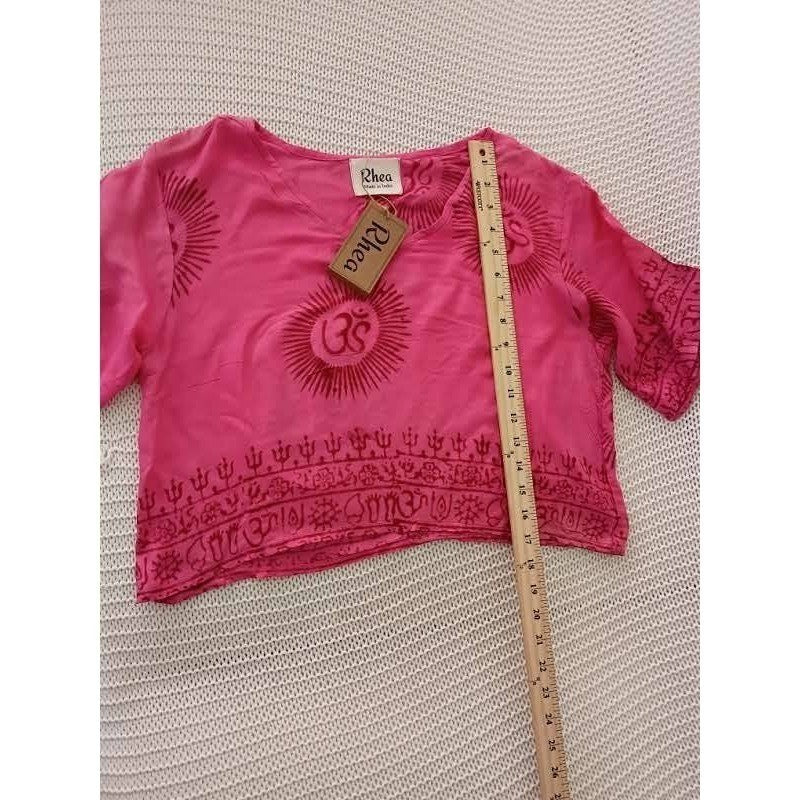 RHEA NWT Pink Mandala Block Print Crop Top S/M Boho Rayon Blouse Made In India