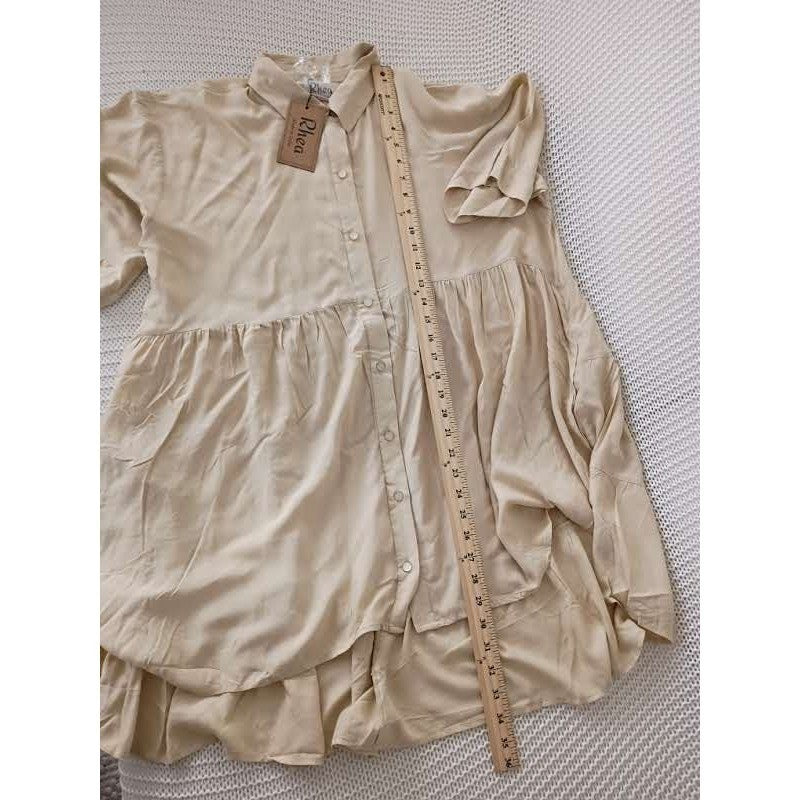 NWT RHEA Tan Tiered Babydoll Mini Dress L/XL Oversized Boho Viscose Short Sleeve