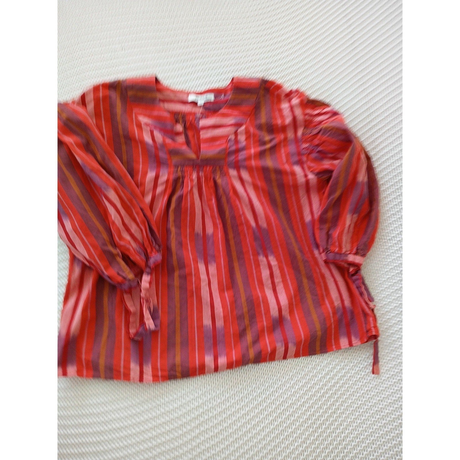 Madewell Red Boho Ikat Stripe 100% Cotton Tie Cuff Blouse Fits S M NWOT $78