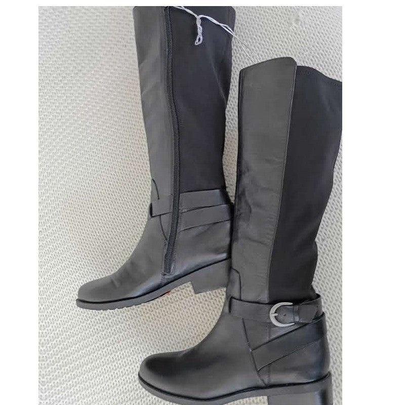 E TOO Black Leather Knee High Riding Boots Low Block Heel Buckle Detail 9