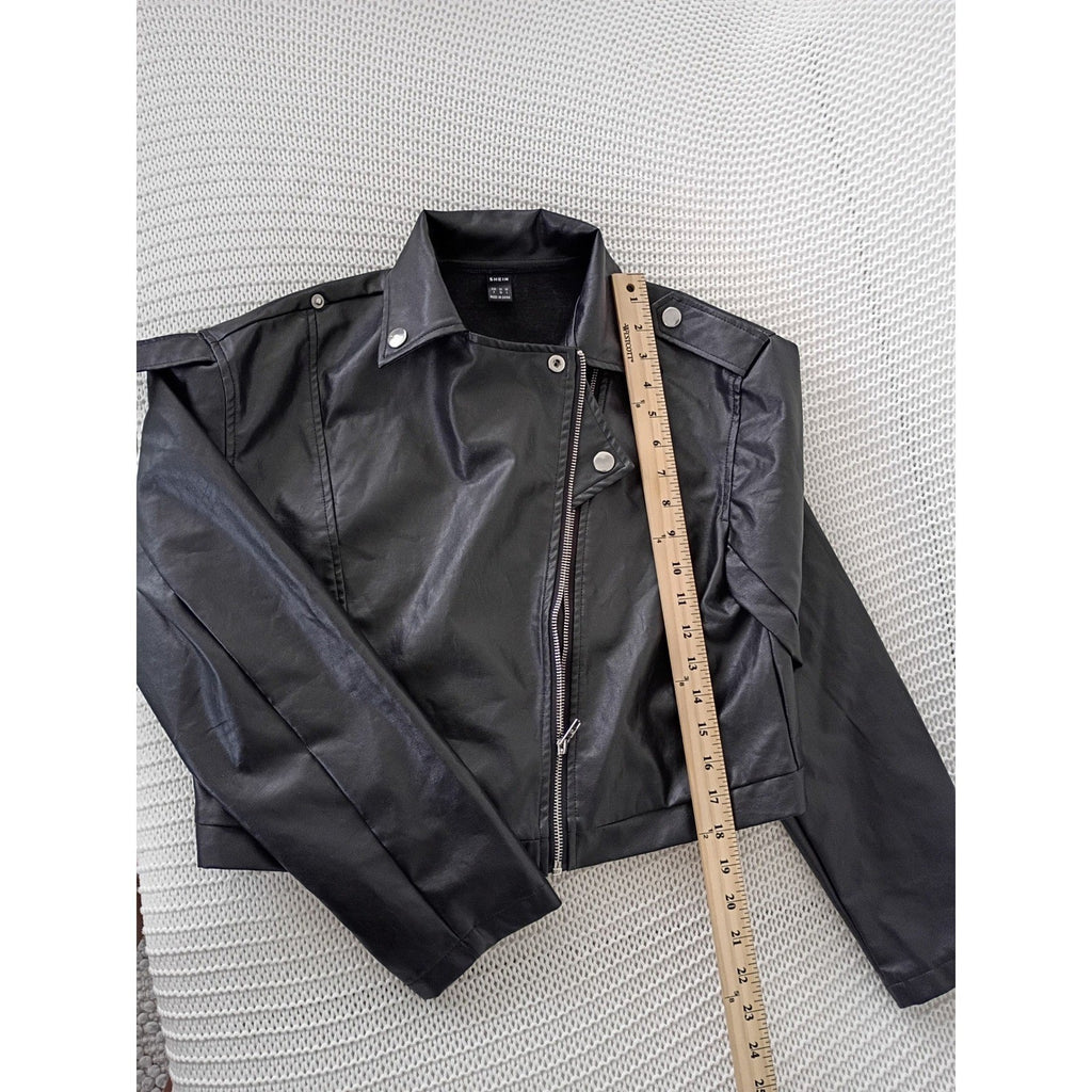 SHEIN Moto Jacket S Black Faux Leather Asymmetrical Zip Biker Goth Luxe Coat