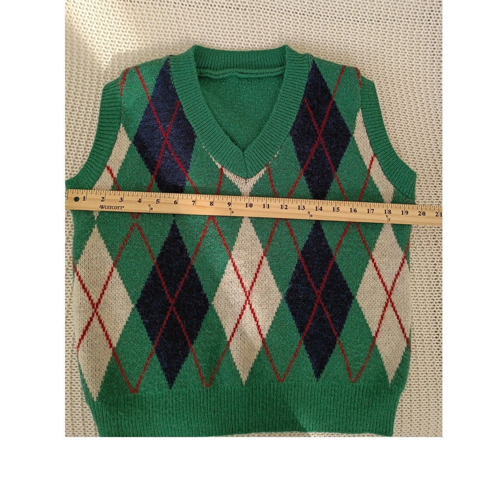 Vintage Argyle Sweater Vest Green Navy V-Neck Sleeveless Knit Preppy Academic