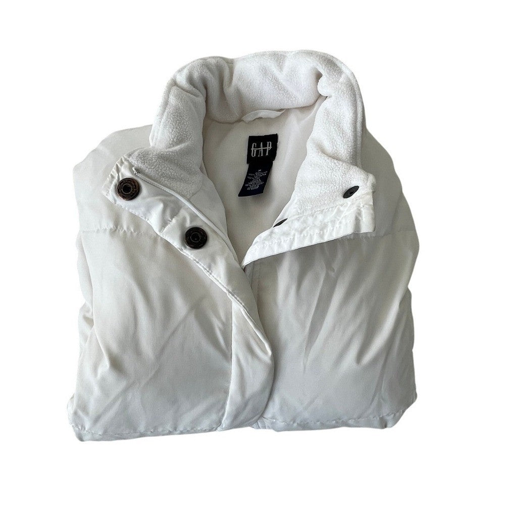 GAP White Quilted Puffer Jacket Fleece Lined Collar Full Zip Women's Size M Warm