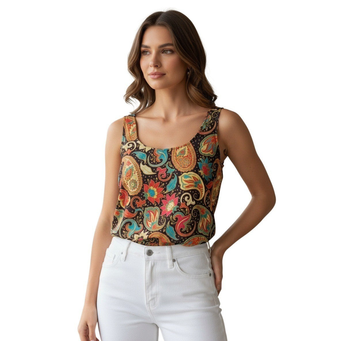 NWT RHEA Hippie Festive Top S Multicolor Paisley Floral Smocked Back Crop Top