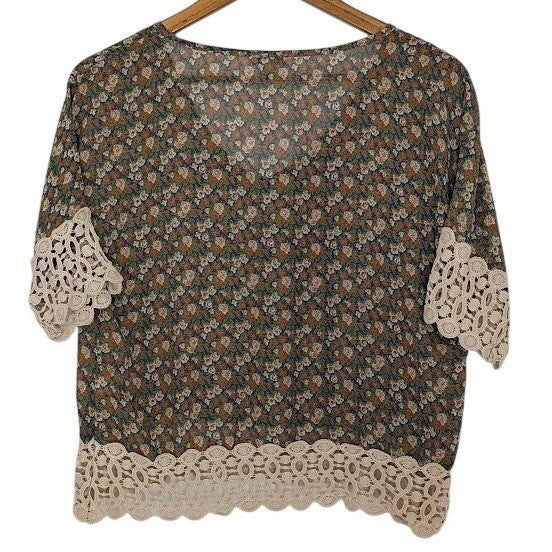 Lily Star Sheer Floral Blouse Crochet Trim V Neck Romantic Boho M USA