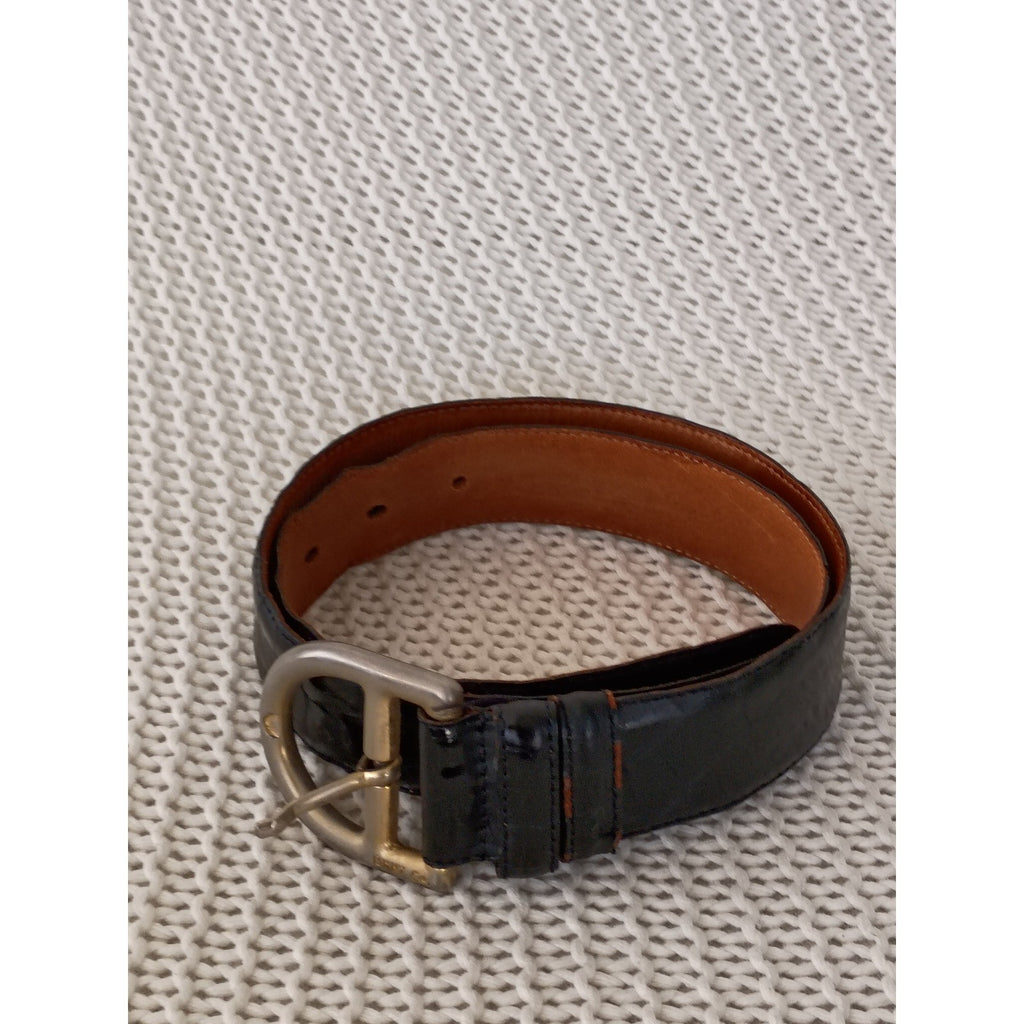 VTG DKNY Black Croc Embossed Leather Belt Silver Buckle USA Small