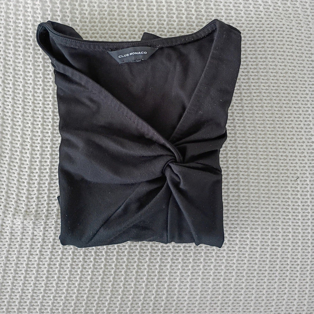 Club Monaco Black Twist Front V Neck Knit Top Elbow Sleeve Slim Fit S