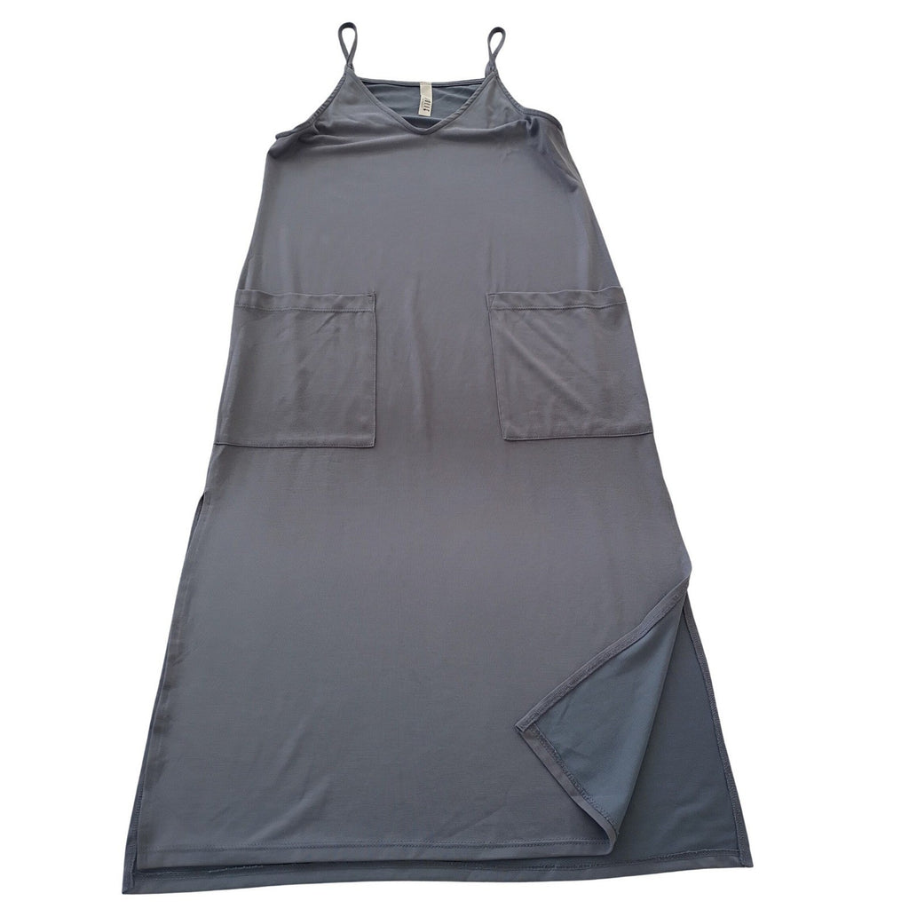 Jolie Gray Slip Midi Dress V Neck Spaghetti Strap Pockets Effortless S