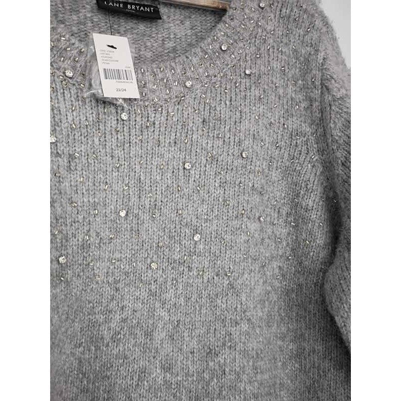 Lane Bryant NWT Sweater Plus Sz 22-24 Gray Sparkle Bead Crew Neck Long Sleeve