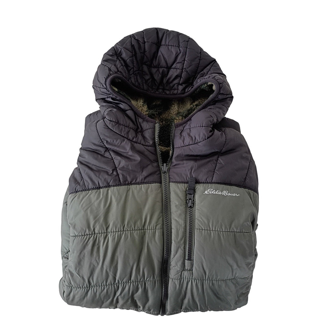 Eddie Bauer Reversible Camo Puffer Jacket Fleece Hooded Black Green Women's S