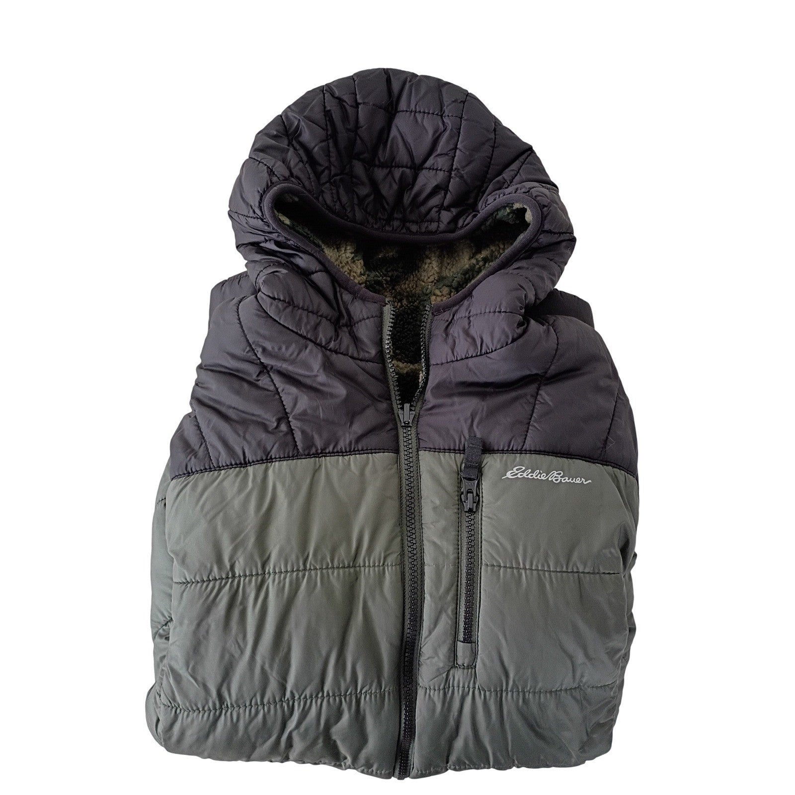Eddie Bauer Reversible Camo Puffer Jacket Fleece Hooded Black Green Women's S