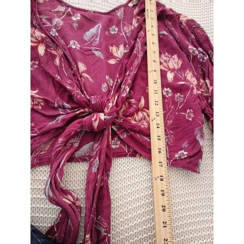 Billabong Berry Pink Floral Tie Front Crop Top S Small V-Neck Boho Surfer Beach