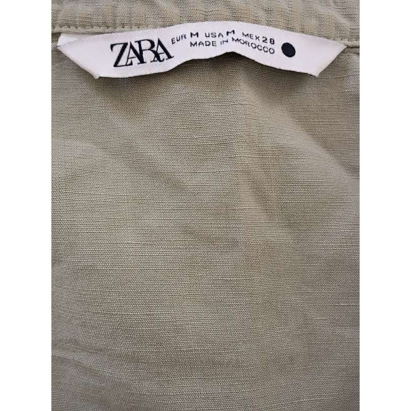 ZARA Linen Blend Tunic Khaki Green Oversized V Neck Coastal M