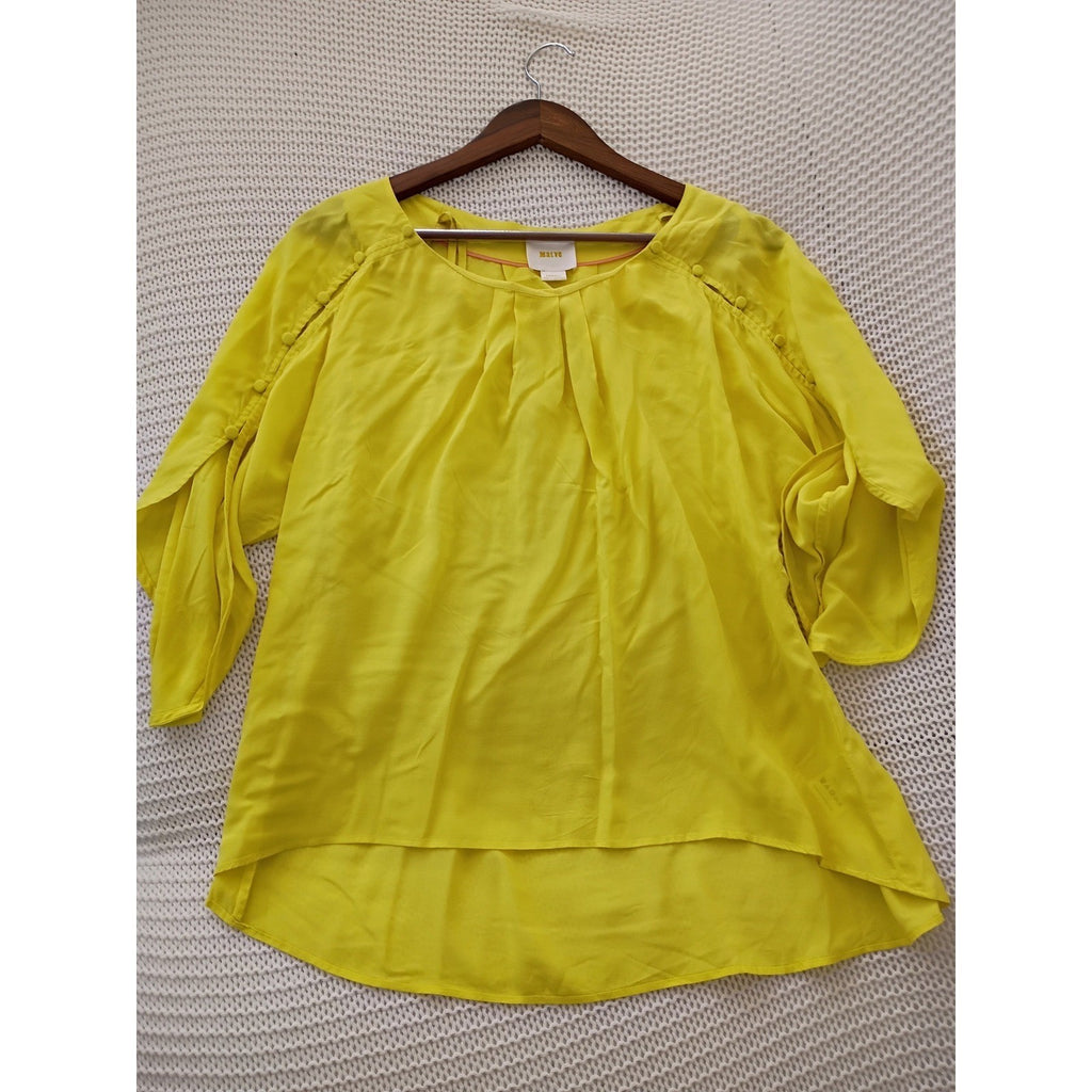 Maeve Anthropologie Citron Yellow Pleated Button Sleeve Rayon Blouse Fits S/M