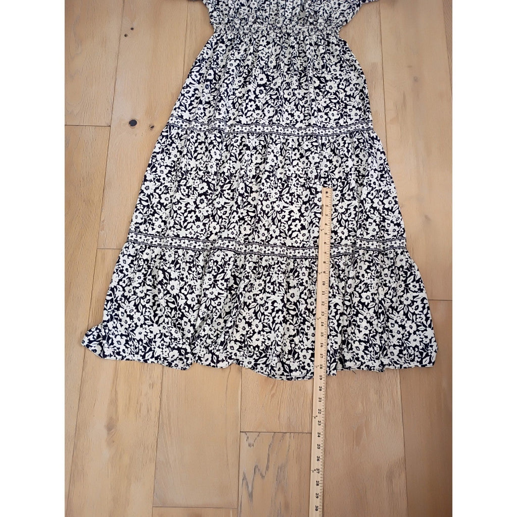 Max Studio London Black White Floral Smocked Waist Tiered Midi Dress Medium