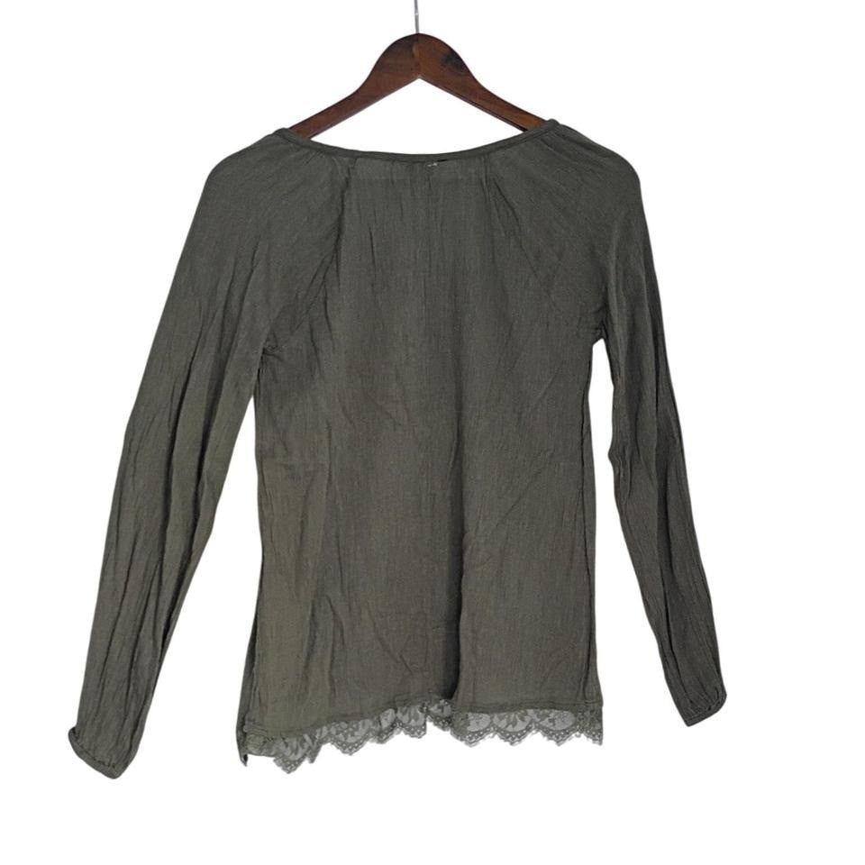 Hollister Olive Cotton Gauze Lace Up Boho Blouse Crochet Trim Long Sleeve S