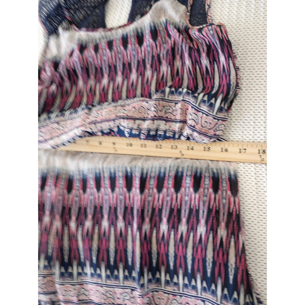 Trixxi Navy Pink Geometric Paisley Lace Sheer Maxi Dress Small Boho Slit Beach