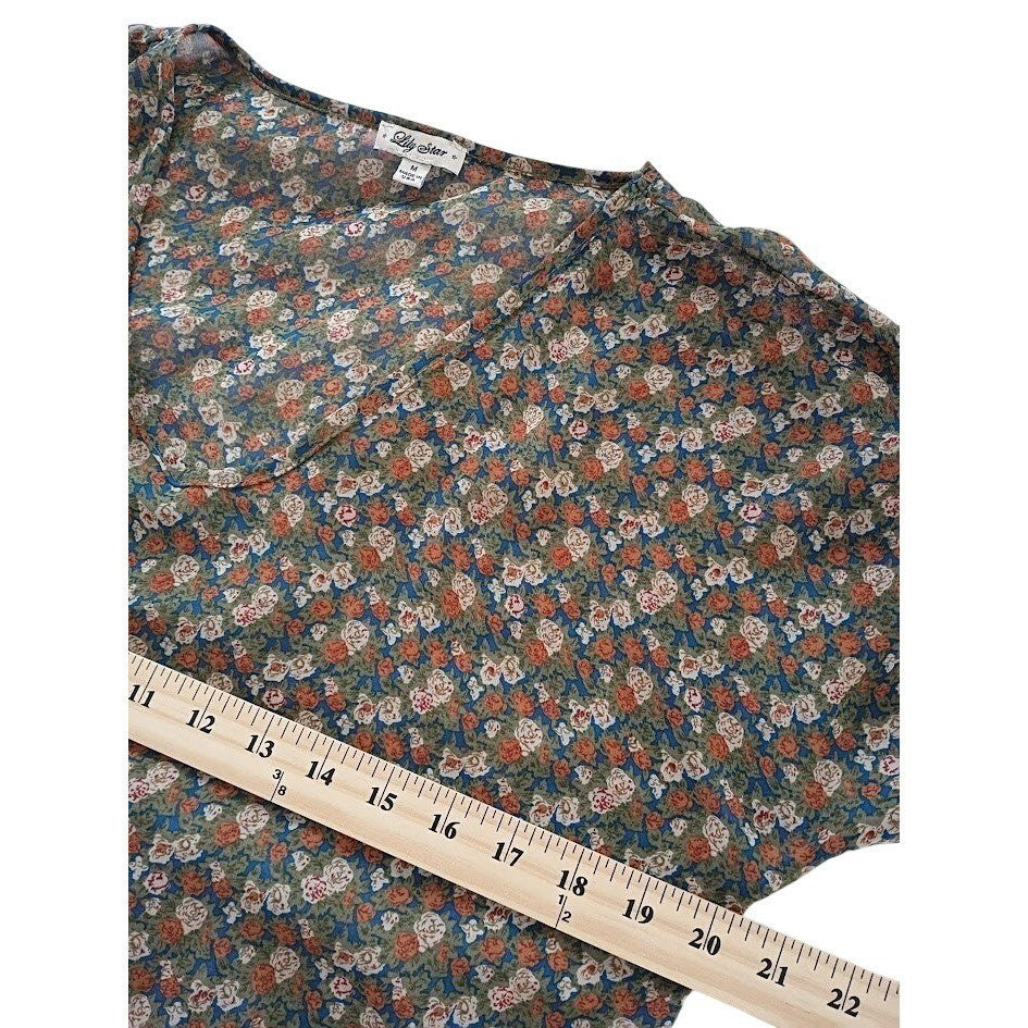 Lily Star Sheer Floral Blouse Crochet Trim V Neck Romantic Boho M USA