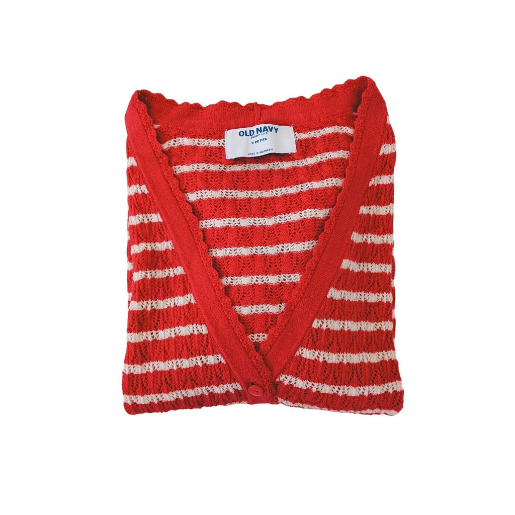 Old Navy S Petite Red White Striped Crochet Knit Button Front Cardigan Sweater