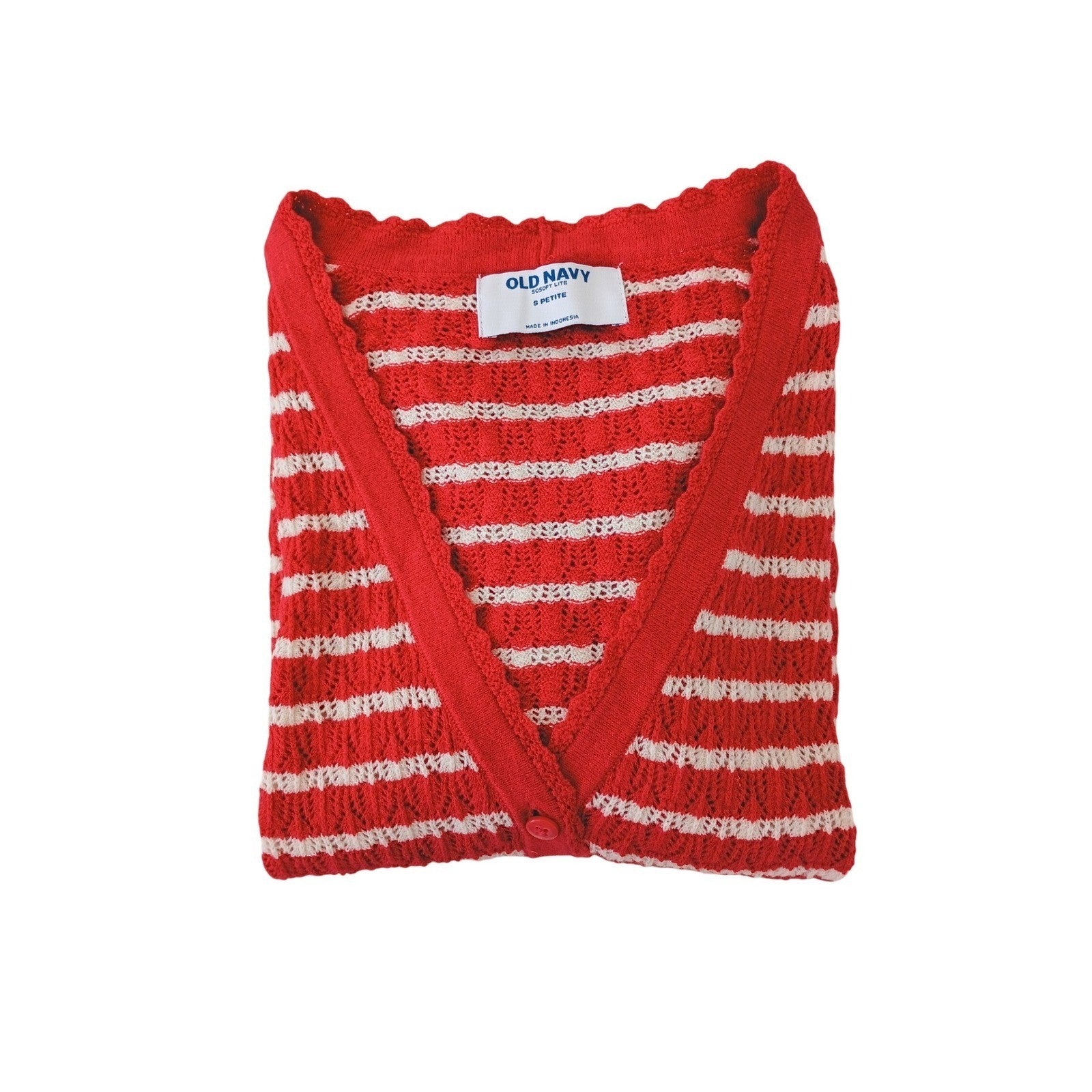 Old Navy S Petite Red White Striped Crochet Knit Button Front Cardigan Sweater