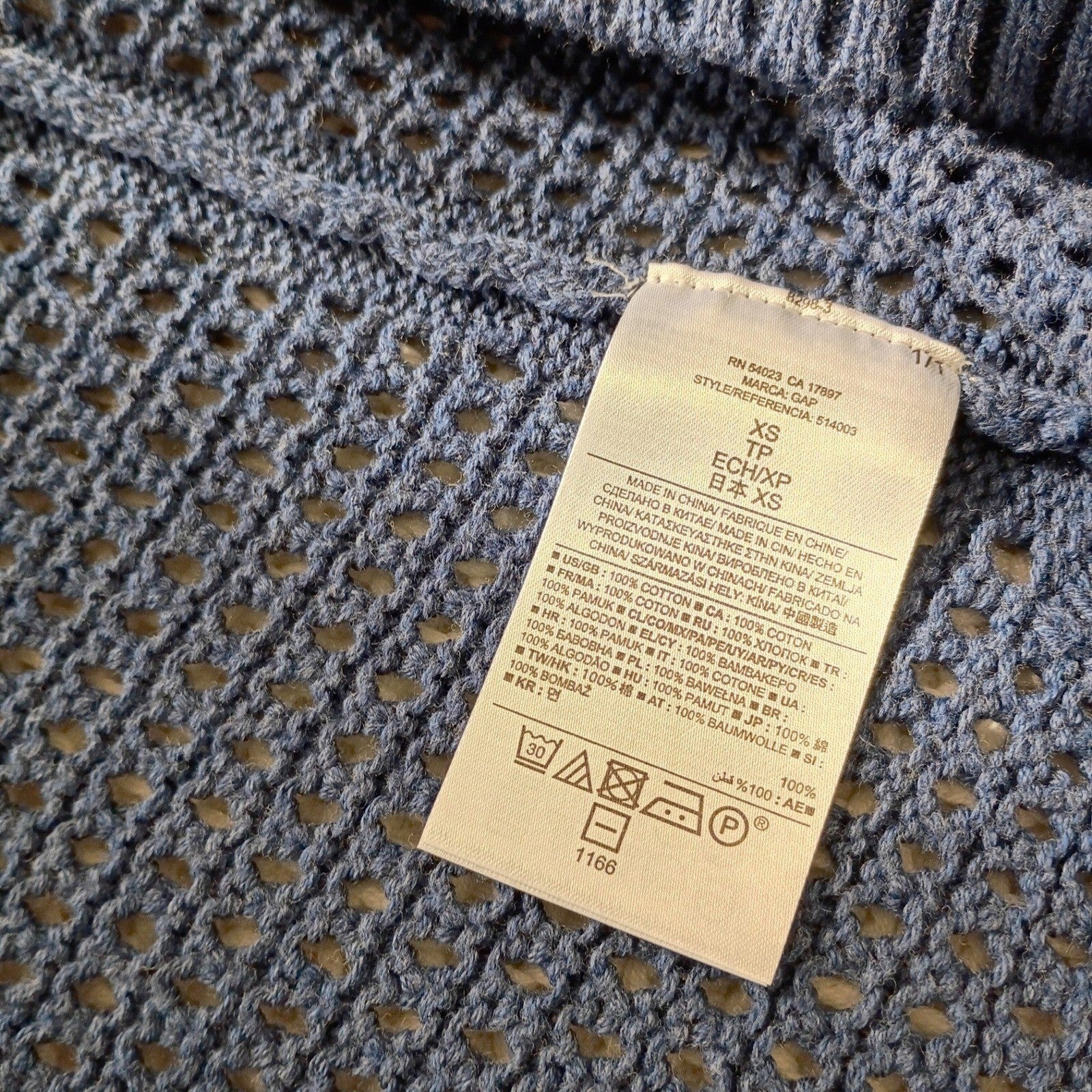 GAP NWT 100% Cotton Mesh Blue Crochet Knit Cardigan Longline Open Cozy Layer S