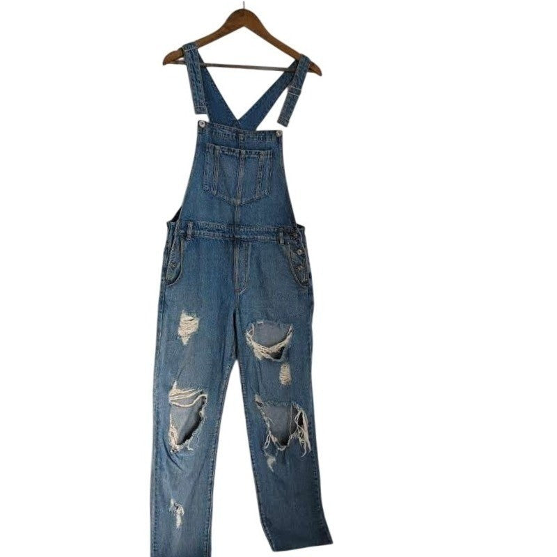 Honey Punch Blue Distressed Denim Overalls L Ripped Straight Leg Y2K Vintage Sty