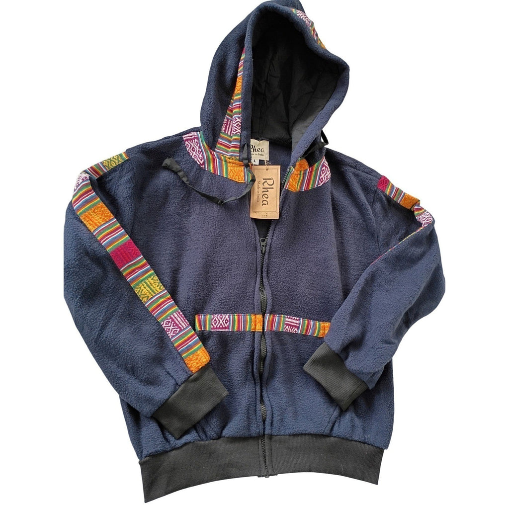 NWT Rhea Artisan Fleece Hoodie Jacket Navy Boho Trim Zip Up Women Unisex L NWT