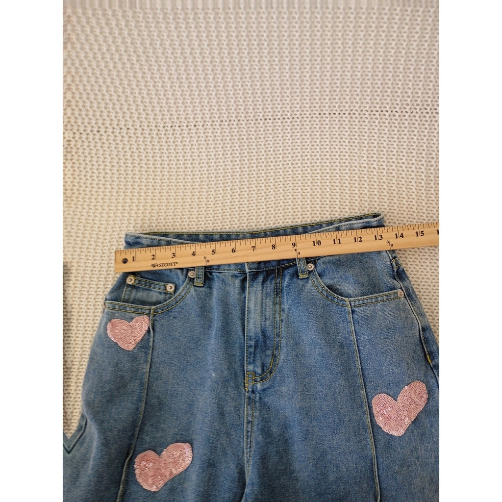 CIDER PINK Closet Sequin Heart Straight Leg Jeans High Rise Side Slit S 25x30