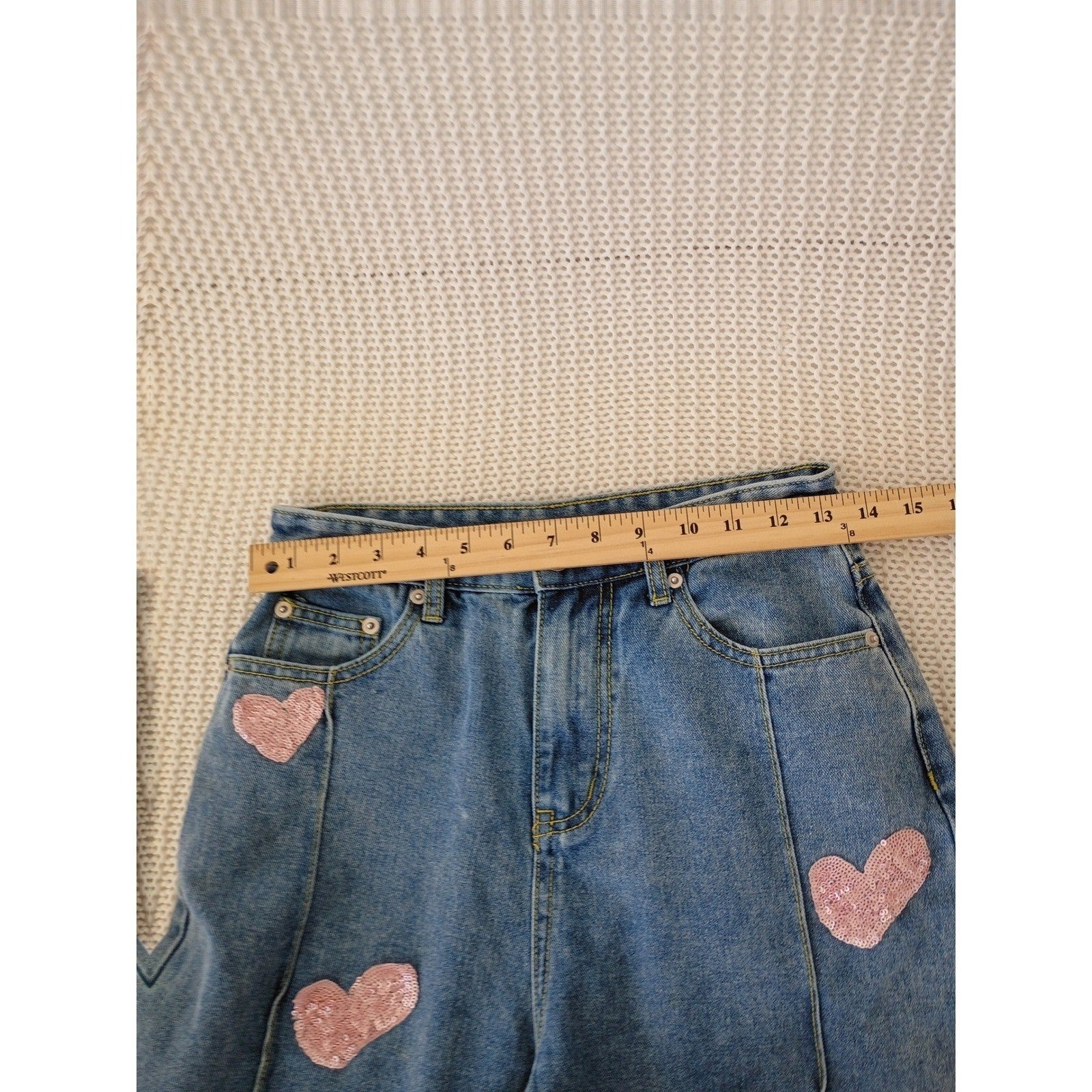 CIDER PINK Closet Sequin Heart Straight Leg Jeans High Rise Side Slit S 25x30