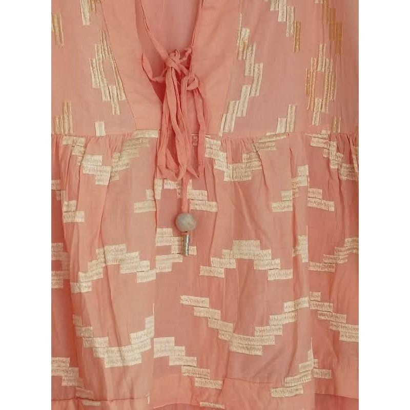 NWT RHEA Peach Gold Metallic Ikat Boho Tiered 100% Cotton Mini Dress L XL V-Neck