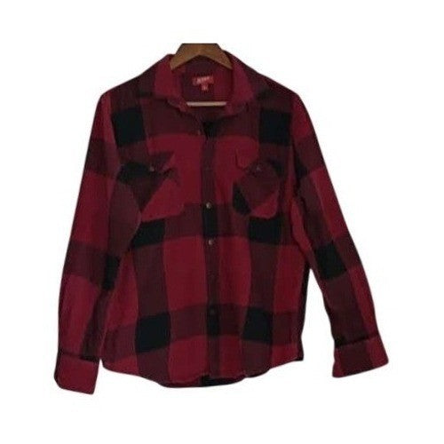 Arizona Jean Co 100% Cotton Flannel Shirt Buffalo Plaid Burgundy Blck Long Slv M
