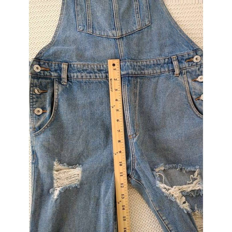 Honey Punch Blue Distressed Denim Overalls L Ripped Straight Leg Y2K Vintage Sty