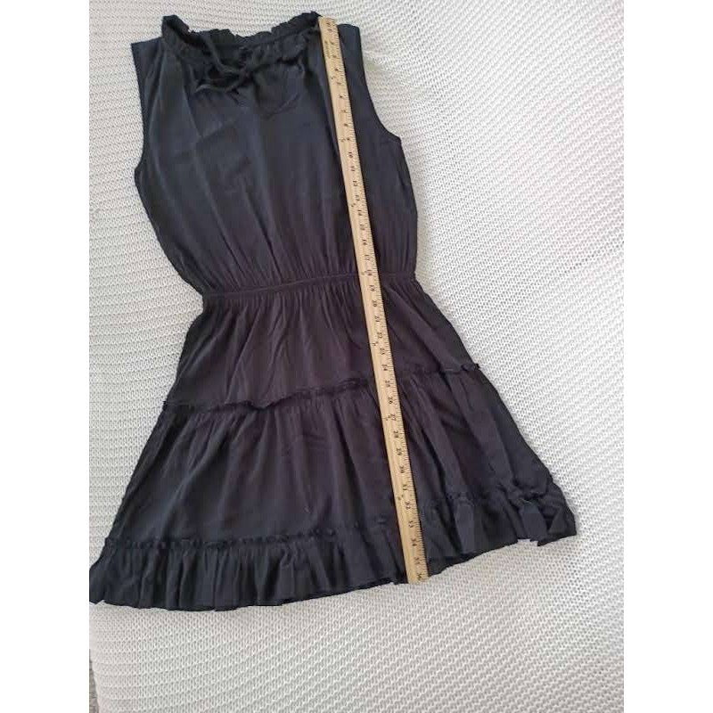 Insulation 100% Cotton Tiered Mini Dress M Black Ruffle Tie Neck Boho Dainty LBD