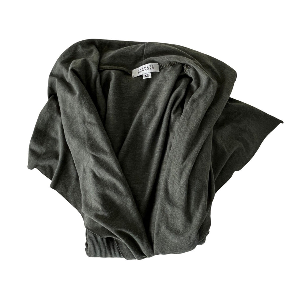BARNEYS NEW YORK Draped Waterfall Cardigan Olive Green Ribbed Knit Fits S