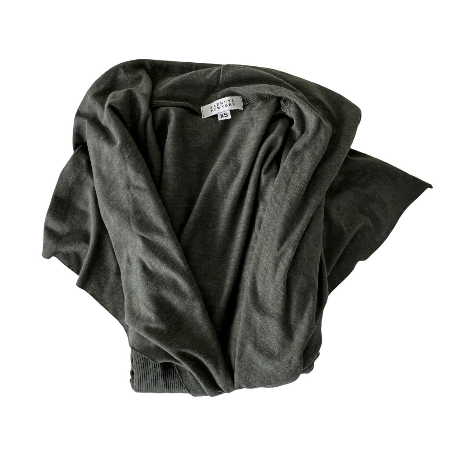 BARNEYS NEW YORK Draped Waterfall Cardigan Olive Green Ribbed Knit Fits S