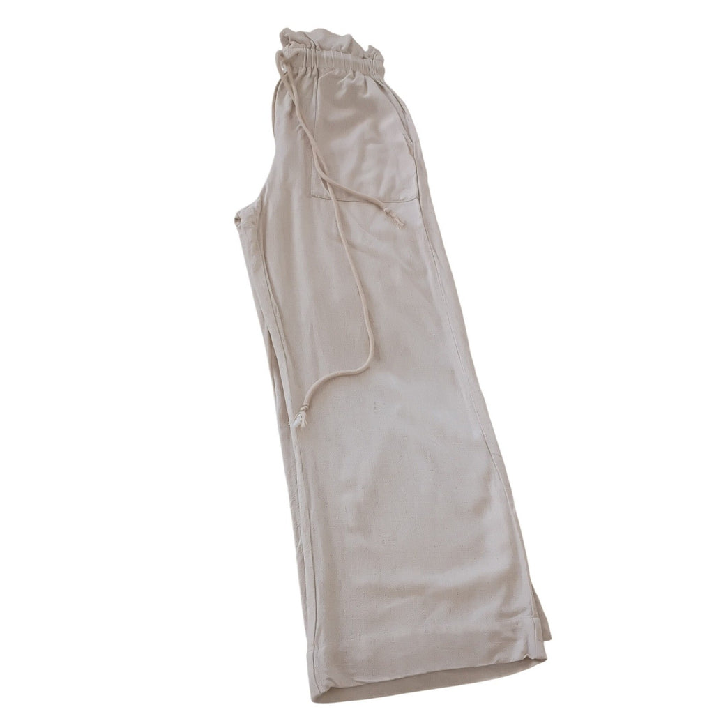 Linen Blend Wide Leg Pants Beige Paperbag Waist Drawstring Casual Comfort