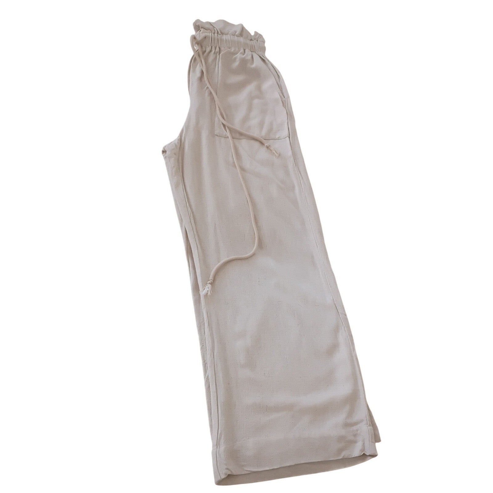 Linen Blend Wide Leg Pants Beige Paperbag Waist Drawstring Casual Comfort